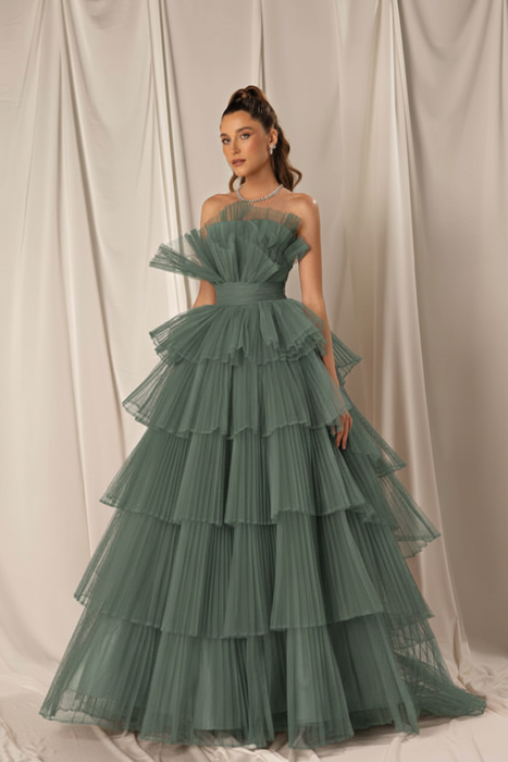 Dusty Sage Strapless Mermaid Evening Gown with Layers and Sleeveless Design