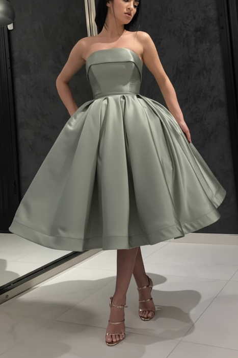 Dusty Sage Strapless Tea Length Prom Dress Sleeveless Aline Homecoming Dress Satin Cocktail Dress