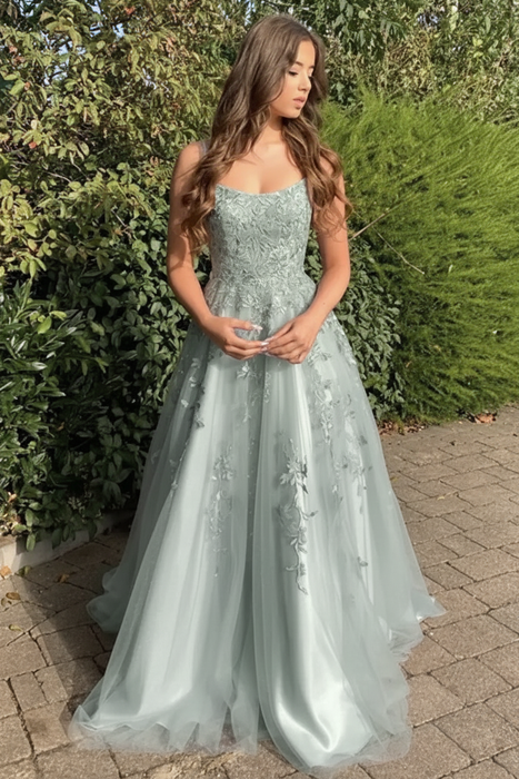 Dusty Sage Stylish Lace Long Prom Dress with Spaghetti Straps