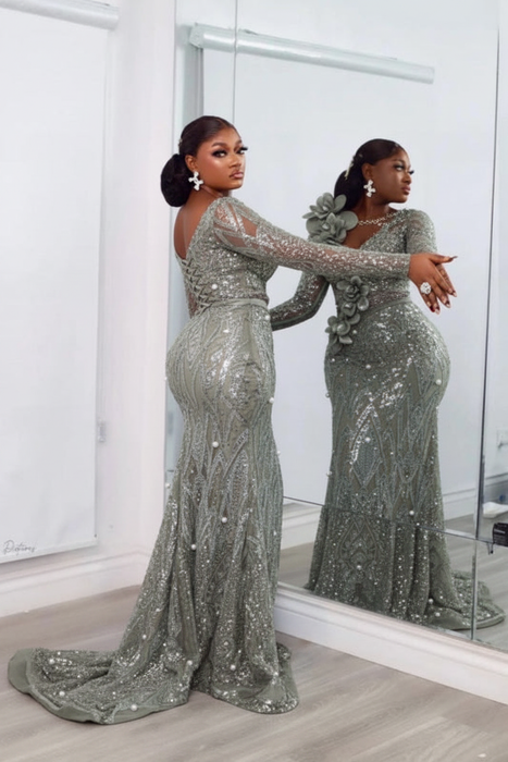 Dusty Sage Stylish One-Shoulder Deep V-Neck Mermaid Prom Dress with Appliques