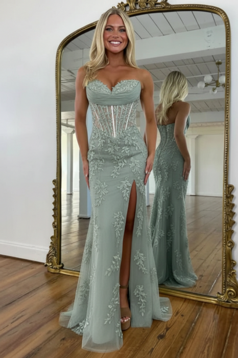 Dusty Sage Sweetheart Lace Corset Mermaid Prom Dress Strapless with Split - Prom Dresses