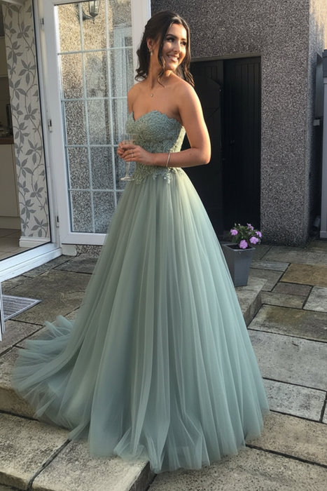 Dusty Sage Sweetheart Neck Open Back Lace Long Prom Dresses