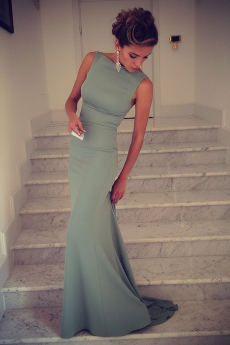Dusty Sage Trumpet/Mermaid High Neck Sleeveless Spandex Floor-Length Dresses - Prom Dresses