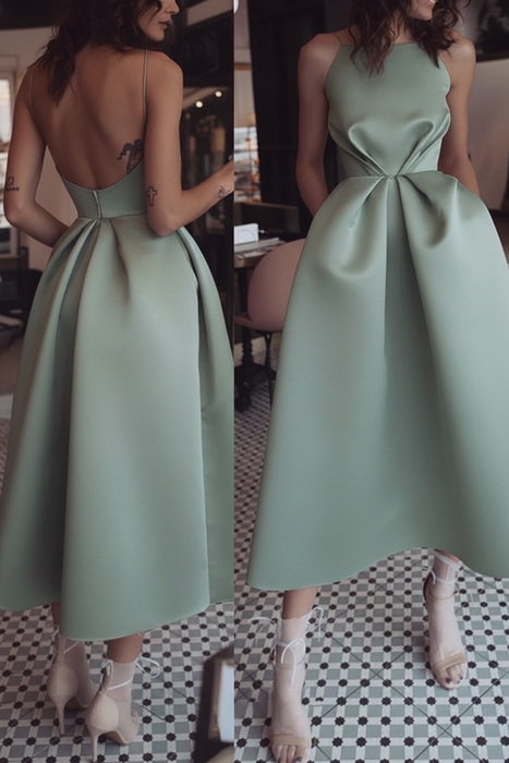 Dusty Sage Unique Tea Length Satin Party Spaghetti Straps Backless Prom Dress - Prom Dresses