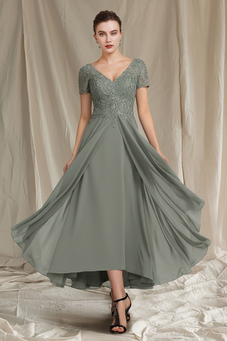 Dusty Sage V-Neck A-Line Princess Tea-Length Dresses for the Mother of the Bride