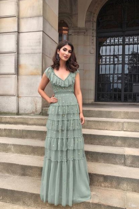 Yellow V Neck Tulle Prom Dress with Ruffles | Long A-Line Gown