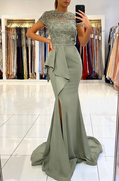 Dusty Sage Short Sleeve Lace Mermaid Prom Dress with Slit