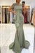 Dusty Sage Short Sleeve Lace Mermaid Prom Dress with Slit