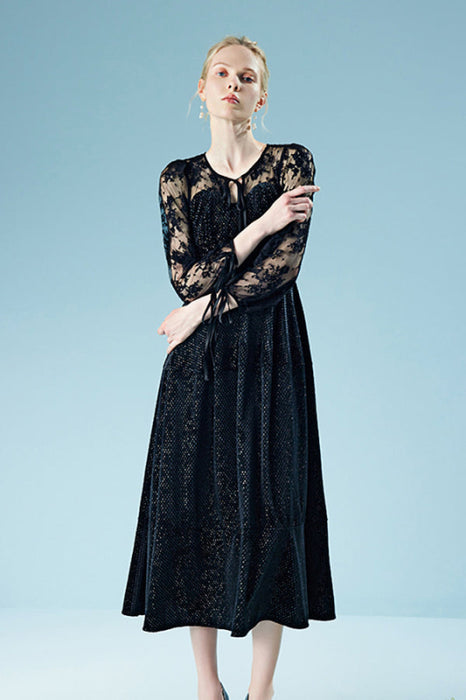 Elegant 3/4 Sleeves Black Mesh Patchwork Lace Dress Casual Daily Wear - Black / S - Dresses