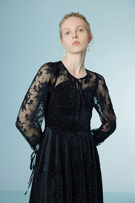 Elegant 3/4 Sleeves Black Mesh Patchwork Lace Dress Casual Daily Wear - Dresses