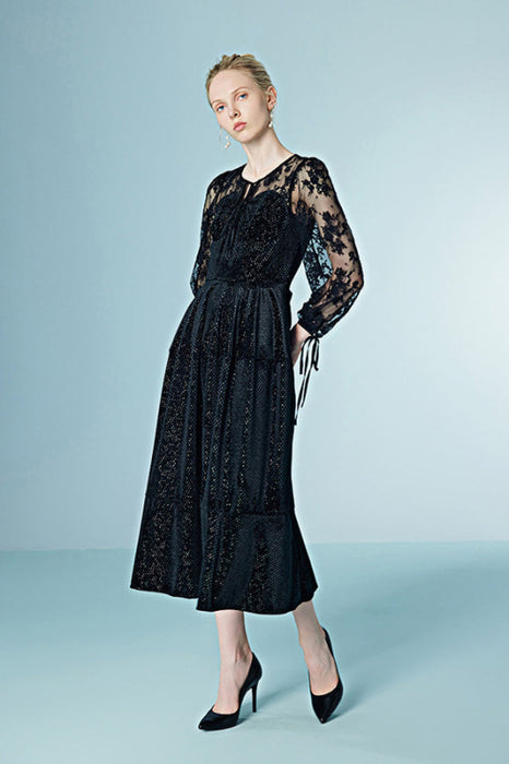 Elegant 3/4 Sleeves Black Mesh Patchwork Lace Dress Casual Daily Wear - Dresses