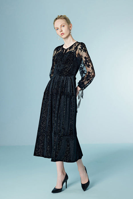 Elegant 3/4 Sleeves Black Mesh Patchwork Lace Dress Casual Daily Wear - Dresses