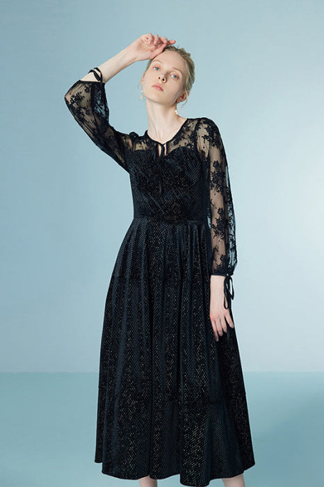 Elegant 3/4 Sleeves Black Mesh Patchwork Lace Dress Casual Daily Wear - Dresses