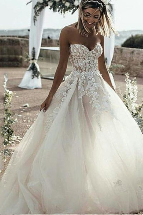 Elegant A Line Sweetheart Tulle Lace Applique Ivory Wedding Long Dress - Wedding Dresses