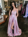 Elegant A Line V Neck Pink Satin Long Prom Dresses with High Slit, V Neck Pink Formal Dresses with Pocket, Pink Evening Dresses
