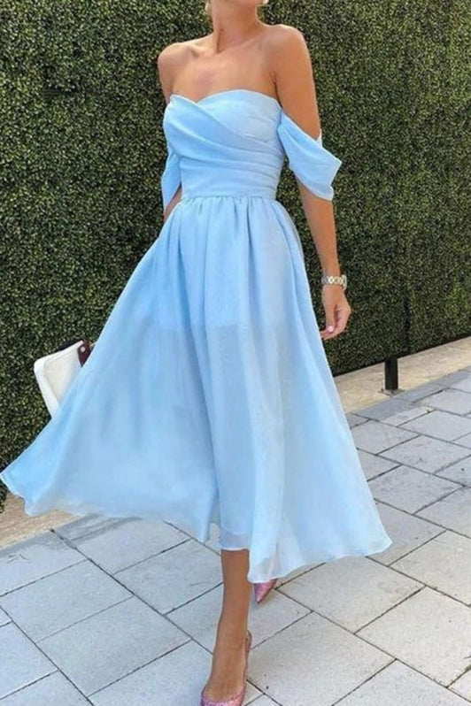 Elegant Baby Blue Off-The-Shoulder Short Evening Dress Featuring Strap