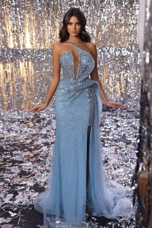 Elegant Baby Blue Sequin Sleeveless Prom Dress with High Slit Tulle