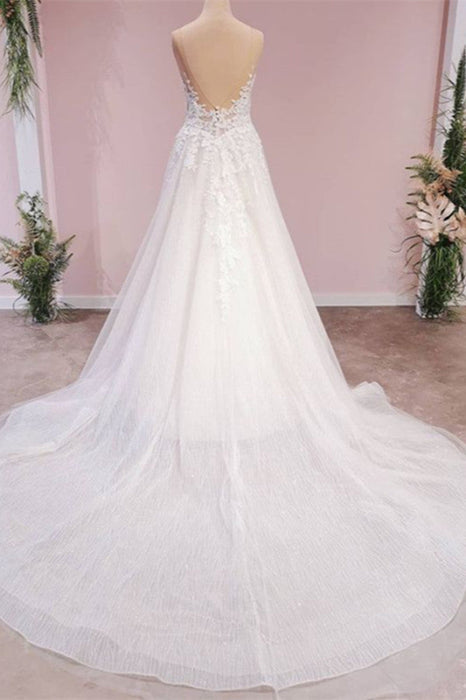 Elegant Backless Sweetheart Wedding Gown in A-Line Lace Tulle with Floor-length Appliques