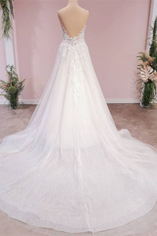 Elegant Backless Sweetheart Wedding Gown in A-Line Lace Tulle with Floor-length Appliques