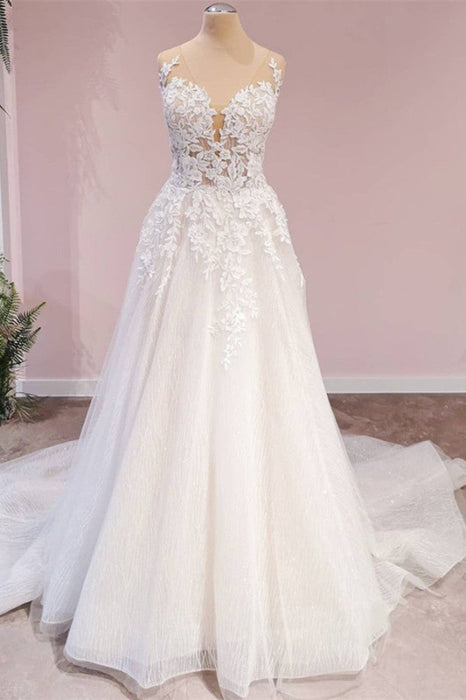 Elegant Backless Sweetheart Wedding Gown in A-Line Lace Tulle with Floor-length Appliques - Wedding Dresses