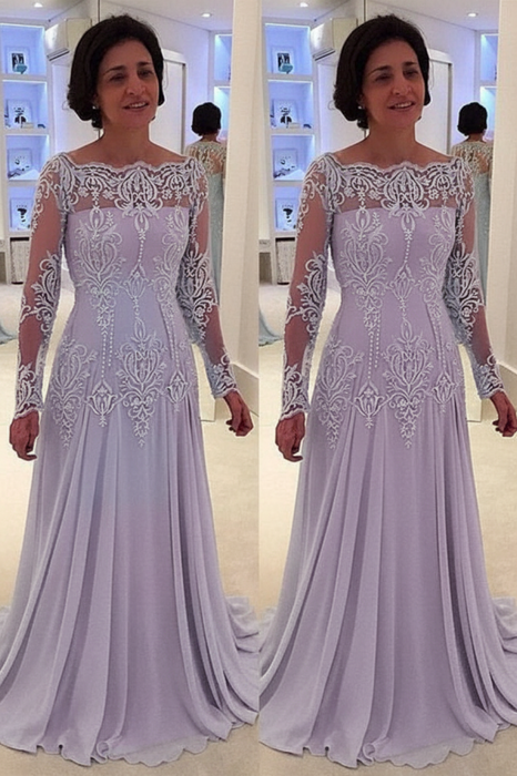 Bateau neck A-line Lace Long Sleeves Mother-of-the-bride Dress Lilac - Prom Dresses