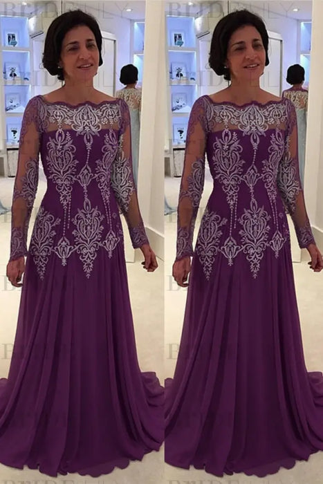 Regency Bateau neck A-line Lace Long Sleeves Mother-of-the-bride Dress 