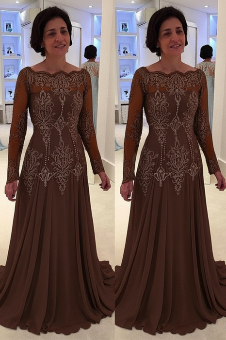 Brown Bateau neck A-line Lace Long Sleeves Mother-of-the-bride Dress 