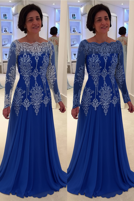 Bateau neck A-line Lace Long Sleeves Mother-of-the-bride Dress Royal Blue