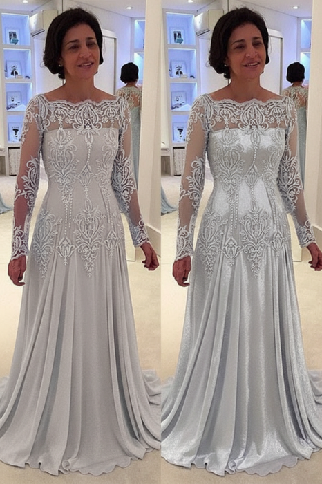 Bateau neck A-line Lace Long Sleeves Mother-of-the-bride Dress Silver