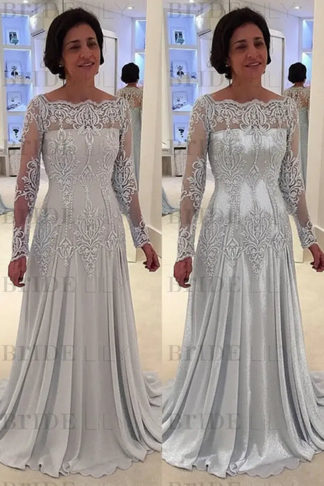 Bateau neck A-line Lace Long Sleeves Mother-of-the-bride Dress Silver