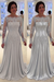 Bateau neck A-line Lace Long Sleeves Mother-of-the-bride Dress Silver