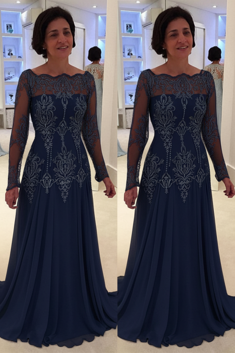 Bateau neck A-line Lace Long Sleeves Mother-of-the-bride Dress Navy Blue - Prom Dresses