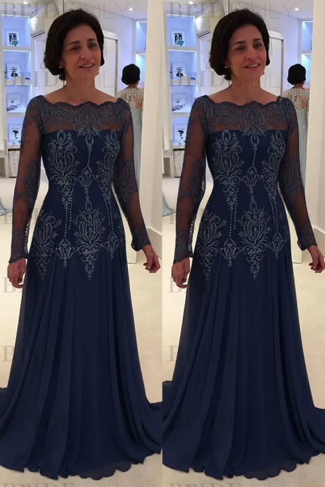 Bateau neck A-line Lace Long Sleeves Mother-of-the-bride Dress Navy Blue - Prom Dresses