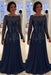 Bateau neck A-line Lace Long Sleeves Mother-of-the-bride Dress Navy Blue - Prom Dresses