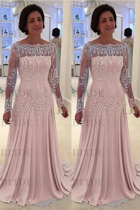 Pearl Pink Bateau neck A-line Lace Long Sleeves Mother-of-the-bride Dress 