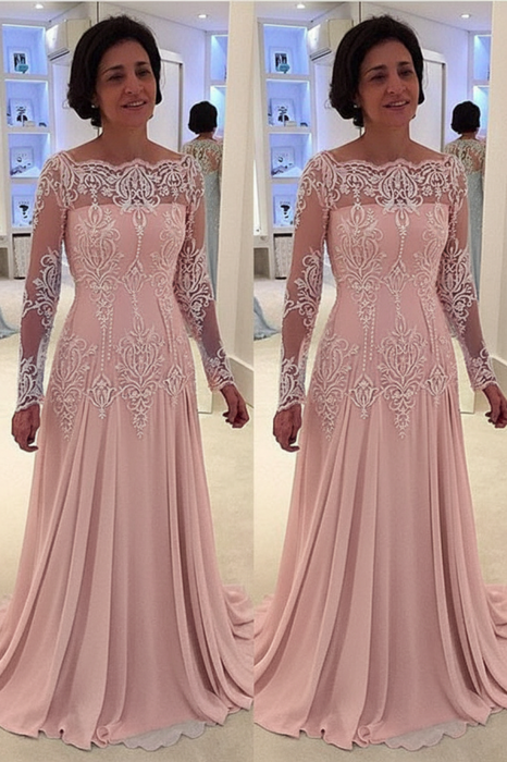 Bateau neck A-line Lace Long Sleeves Mother-of-the-bride Dress Blush Pink