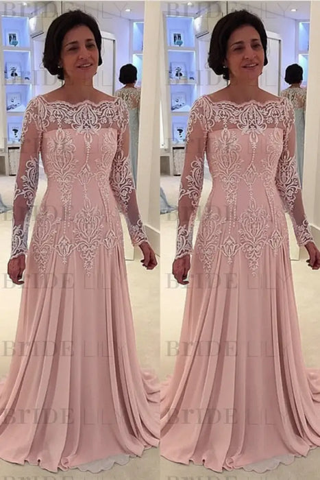 Elegant bateau neck A-line Lace Long Sleeves Mother-of-the-bride Dress