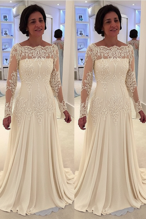 Bateau neck A-line Lace Long Sleeves Mother-of-the-bride Dress Ivory