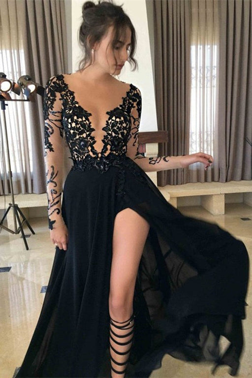 Elegant Black Evening Gown with Stunning Split Sleeves