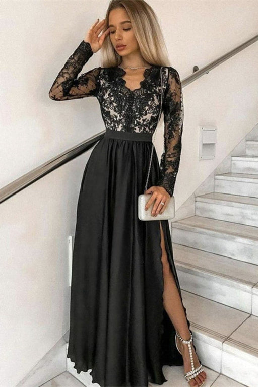 Elegant Black Long Sleeve Split Prom Gown