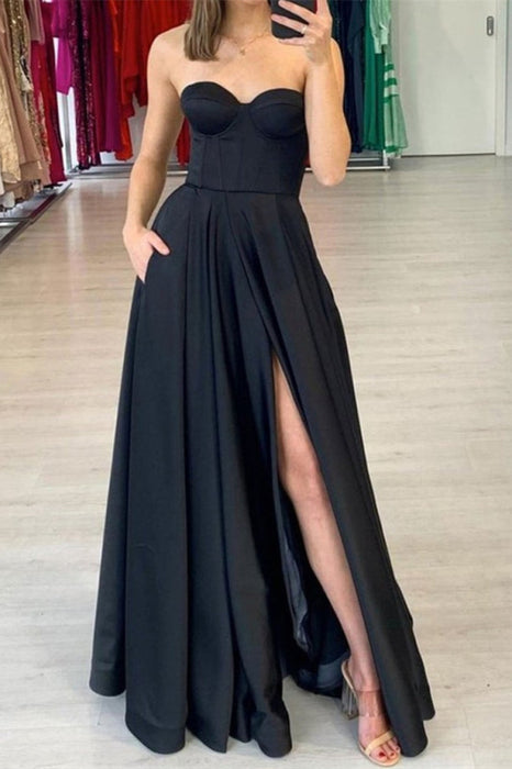 Elegant Black Prom Gown with Pockets and Split Detail