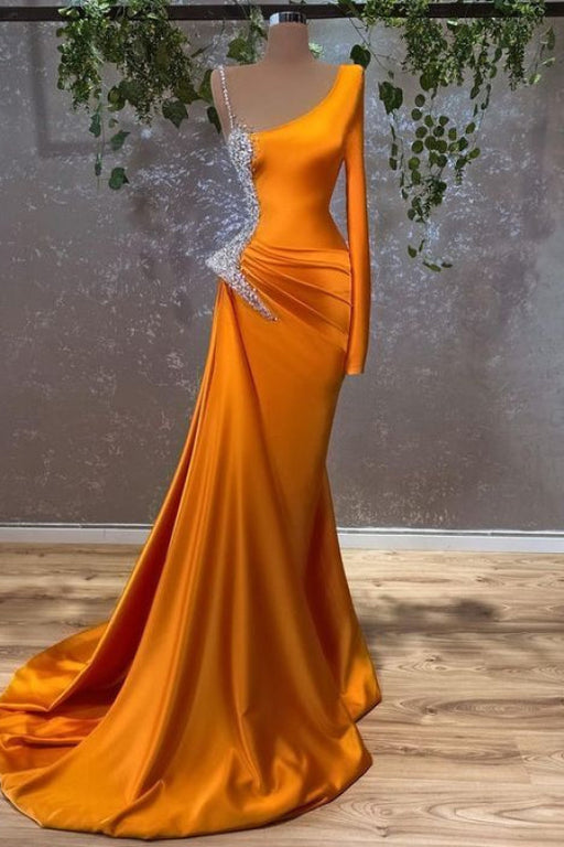 Elegant Burnt Orange Long Sleeves Mermaid Prom Dress Featuring Beads