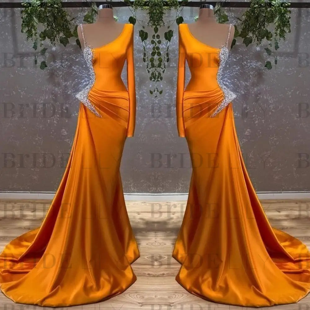 Orange Mermaid Prom Dress Long Sleeve Satin Gown with Beads-Bridelily Orange Mermaid Prom Dress Long Sleeve Satin Gown with Beads-Bridelily