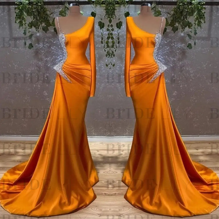 green emerald velvet dress Popular Burnt Orange A-line One Shoulder Long Evening Prom Dresses, MR9083 main image 0