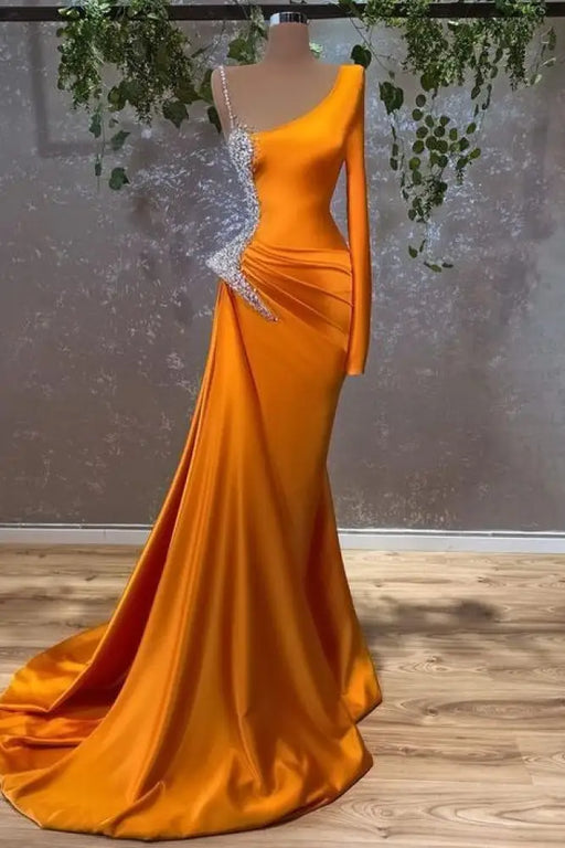 Orange Mermaid Prom Dress Long Sleeve Satin Gown with Beads-Bridelily Orange Mermaid Prom Dress Long Sleeve Satin Gown with Beads-Bridelily