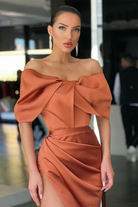 Elegant Burnt Orange Off-The-Shoulder Mermaid Split Prom Dress