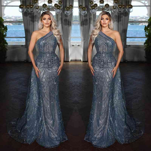 Elegant Dark Blue One Shoulder Mermaid Evening Dress with Sequins Applique
