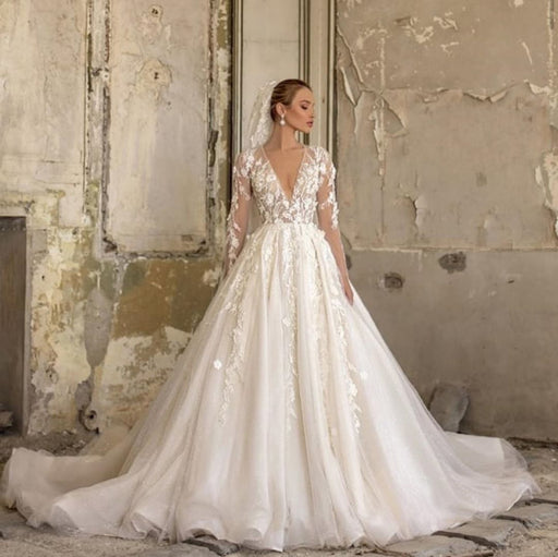 Elegant Deep V-neck A-Line Wedding Gown with Long Sleeves and Tulle Lace Ruffles