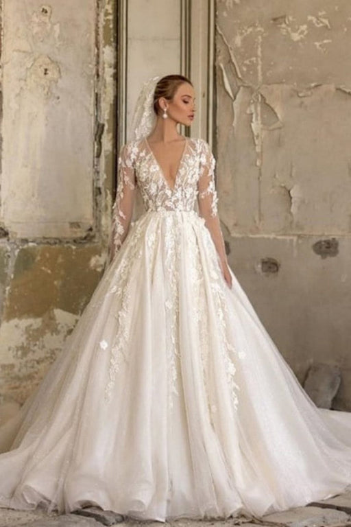 Elegant Deep V-neck A-Line Wedding Gown with Long Sleeves and Tulle Lace Ruffles - Wedding Dresses