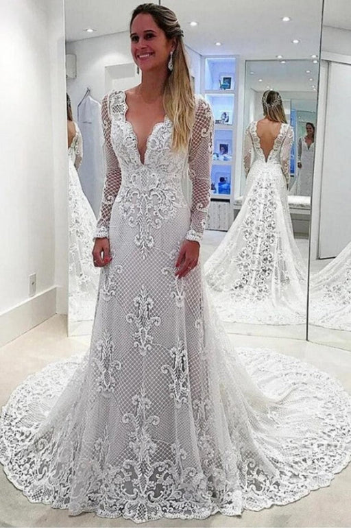 Elegant Deep V-neck Backless Long-Sleeved A-Line Bridal Gown with Pearl Appliques and Lace - Wedding Dress